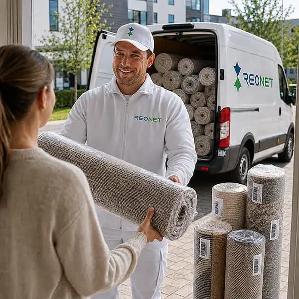 ReoNetin kuljettaja luovuttaa rullatun maton asiakkaalle toimitusauton edessä